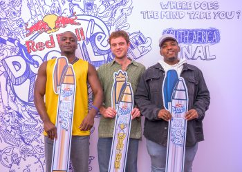 Ibukun awe - 3rd place, Dylan Gordan - winner and Chere Kingsley Pailime - 2nd place pose for a portrait during  Final Judging of Red Bull Doodle Art at Sisonske Gallery in Cape Town, South Africa on April 6, 2023. // Craig Kolesky / Red Bull Content Pool // SI202304060238 // Usage for editorial use only //