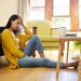 Stress, depression or burnout woman with laptop on living room floor for home finance, studying or house rent debt. Sad, anxiety and burnout student with mental health problem for online fail mistake