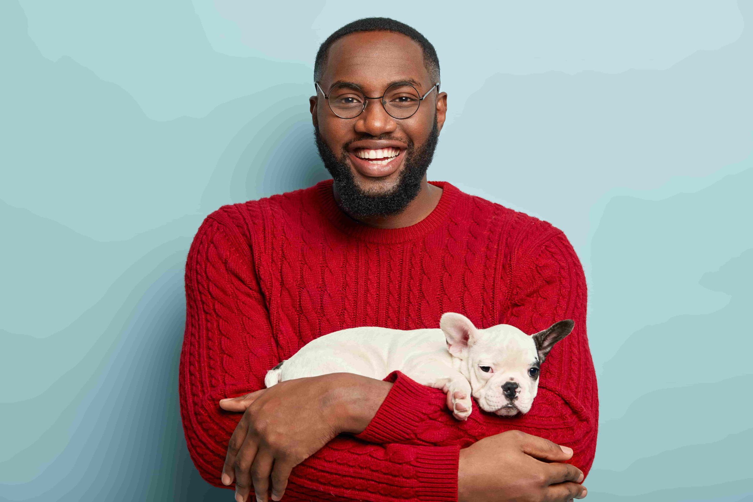 Dark skinned plump smiling male model embraces and holds small cute pet during weekend, wears spectacles and red sweater, laughs happily, isolated over blue background, has fun with beloved animal