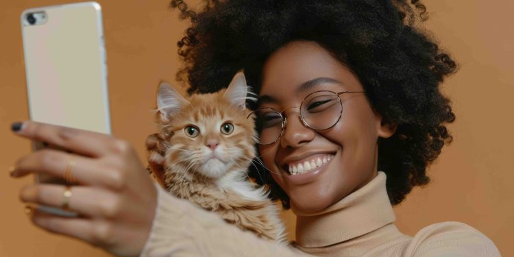 studio photo of diversity person with pet is making selfie on neutral background --chaos 10 --ar 3:2 Job ID: 2f448837-b24c-4466-88f1-c6dde264be21