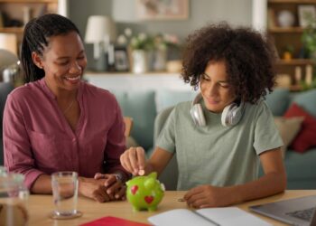 Mother and her teenage son saving money in piggy bank