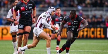Louis Bielle-Biarrey of UBB during the Top 14 match between Lyon and Bordeaux at Matmut Stade de Gerland on March 28, 2026 in Lyon, France. Photo by Anthony Bibard/FEP/Icon Sport via Getty Images)