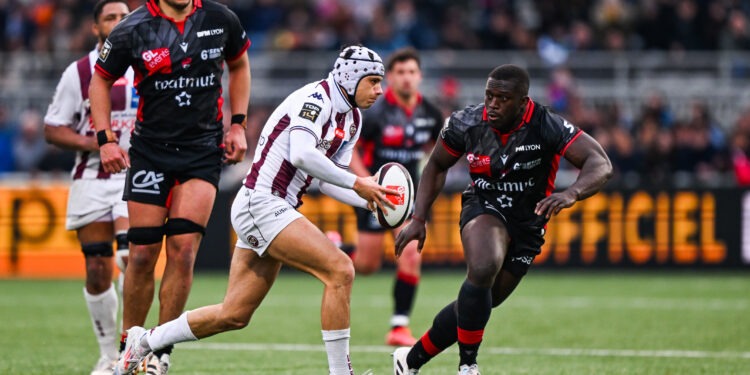 Louis Bielle-Biarrey of UBB during the Top 14 match between Lyon and Bordeaux at Matmut Stade de Gerland on March 28, 2026 in Lyon, France. Photo by Anthony Bibard/FEP/Icon Sport via Getty Images)