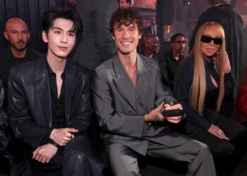 NEW YORK, NEW YORK - MAY 16: (L-R) Zhang Ling He, Shawn Mendes and Mariah Carey attend the GucciCore Fashion Show on May 16, 2026 in New York City. (Photo by Kevin Mazur/Getty Images for Gucci)