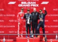 SPA, BELGIUM - JULY 19: Race winner Andrea Kimi Antonelli of Italy and Mercedes AMG Petronas F1 Team, Second placed Charles Leclerc of Monaco and Scuderia Ferrari, Third placed Max Verstappen of the Netherlands and Oracle Red Bull Racing, and Tom Batch, Operations Director of Mercedes AMG Petronas F1 Team celebrate on the podium during the F1 Grand Prix of Belgium at Circuit de Spa-Francorchamps on July 19, 2026 in Spa, Belgium. (Photo by Peter Fox/Getty Images)