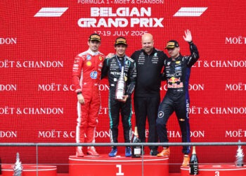 SPA, BELGIUM - JULY 19: Race winner Andrea Kimi Antonelli of Italy and Mercedes AMG Petronas F1 Team, Second placed Charles Leclerc of Monaco and Scuderia Ferrari, Third placed Max Verstappen of the Netherlands and Oracle Red Bull Racing, and Tom Batch, Operations Director of Mercedes AMG Petronas F1 Team celebrate on the podium during the F1 Grand Prix of Belgium at Circuit de Spa-Francorchamps on July 19, 2026 in Spa, Belgium. (Photo by Peter Fox/Getty Images)