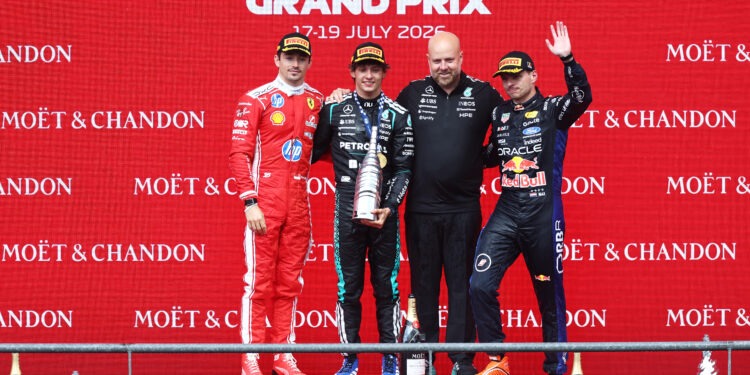 SPA, BELGIUM - JULY 19: Race winner Andrea Kimi Antonelli of Italy and Mercedes AMG Petronas F1 Team, Second placed Charles Leclerc of Monaco and Scuderia Ferrari, Third placed Max Verstappen of the Netherlands and Oracle Red Bull Racing, and Tom Batch, Operations Director of Mercedes AMG Petronas F1 Team celebrate on the podium during the F1 Grand Prix of Belgium at Circuit de Spa-Francorchamps on July 19, 2026 in Spa, Belgium. (Photo by Peter Fox/Getty Images)