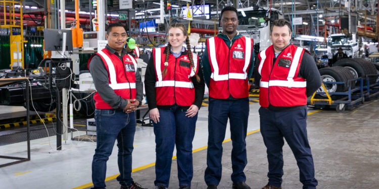 (from left to right) Jason Hughes, Senior Manager: Manufacturing Engineering at Isuzu Motors South Africa; Anri Els and Humprey Moyo, third-year Mechatronics students at Nelson Mandela University; and Riaan Brown, Entity Leader: Chair of Mechatronics, during a student visit to IMSAf’s manufacturing plant in Gqeberha.